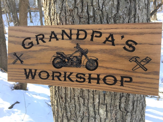 Grandpa's Workshop Custom Wood Sign with Motorcycle