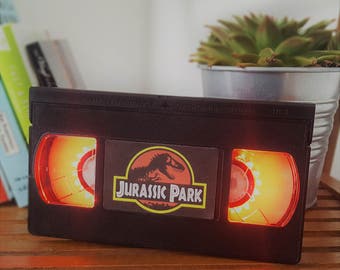 Retro VHS Jurassic Park Jurassic World Night Light Table Lamp. Order any film, movie, series, or actor! Great personal gift. Mancave