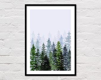 Forest Watercolor Art Print, Mountain Printable, Green Trees, Botanical Prints, Green Wall Art, Woodland, Evergreen Trees, Digital Download