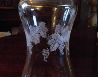 FLASH SALE vintage etched hand blown glass wine bedside decanter water jug carafe gilt rims grape & leaf vine pattern