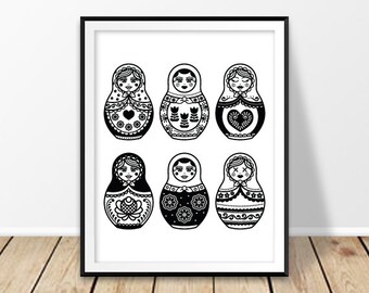 Instant download art, Russian doll print, Girl nursery decor, Russian nesting dolls, Russia souvenir, Babushka wall art, Matryoshka poster