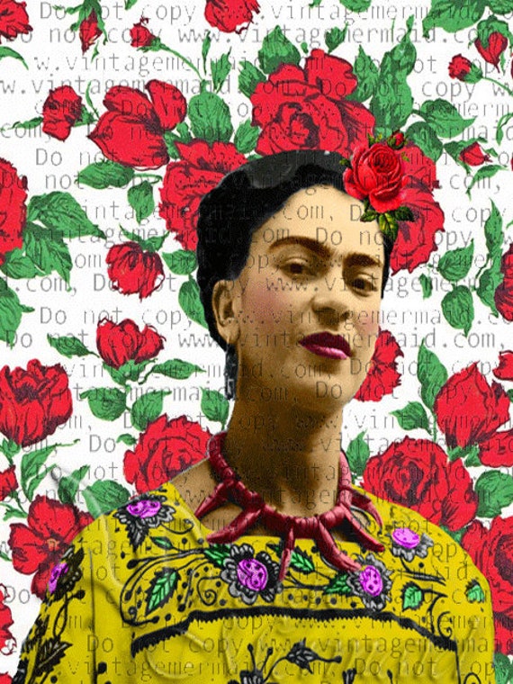 ALTERED ART FRIDA Kahlo Fabric Panel Block Red Roses FKFB102.