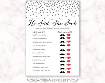 Printable He Said She Said Bridal Shower Game Silver Glitter Confetti, Silver Glitter Bridal Shower Game, Wedding BRS1B GM013