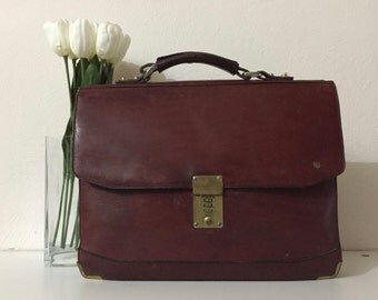 Vintage Leather Briefcase Burgundy Combination Lock Aktentasche Echtleder Burgund