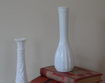 Skinny White Milk Glass Vases - Set of Two