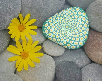 Mandala Stone - Hand-painted Unique Painted Rock - Green & Yellow, Meditation - Chakra - Yoga - Peace - Calm - Paint Rock