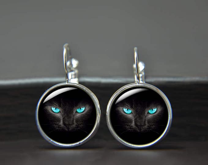 Black cat earrings, Black cat jewelry, cat jewelry, animal earrings, Black Cat Dangle Earrings, Black Blue, kitten jewelry