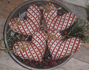 Set of 4 Primitive Grungy Rustic Red White Blue Stars & Stripes Americana USA July 4 Heart Shaped Bowl Fillers - Ornies - Tucks - Ornaments
