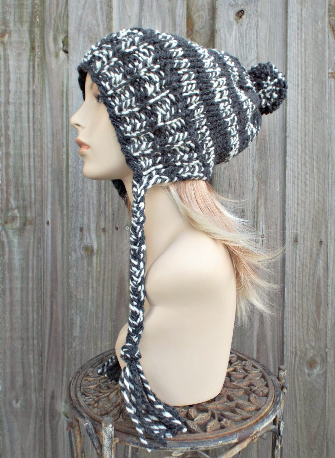 Cream and Charcoal Grey Slouchy Knit Hat Womens Hat