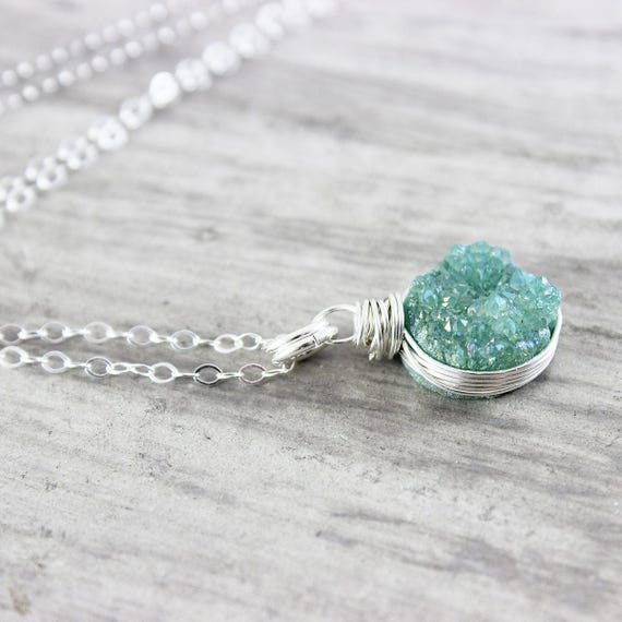 Green Druzy Necklace Light Turquoise Necklace Turquoise