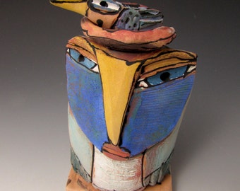 Owl art, sculpture, handmade ceramic owl art,"Owl Person and Nesting Blue Bird. Love is All, 5-1/2" tall