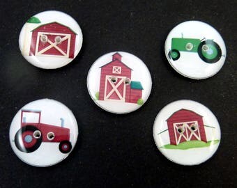 Farm Buttons. Tractors and Barn Buttons. 5 handmade buttons. Farm Sewing Buttons for Boys. 3/4" or 20 mm round.