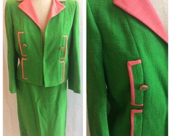 1960s 1950s Green and Pink Watermelon Jackie O Suit, Young America by Oleg Cassini