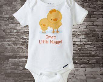 Oma's Little Nugget, Cute little chicken nugget Onesie Bodysuit or Tee Shirt, Says Oma's Little Nugget. 04252017c