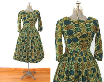 50s Dress / 1950s Green Floral Wool Full Skirt Dress