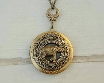 Elephant Locket Necklace - antique brass locket.