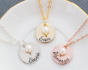 SALE • Personalized Bridesmaid Necklace • Wedding Necklace • Pearl Necklace • Stamped Bridesmaid Gift • Rose Gold Bridesmaid Jewelry • Name