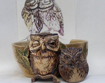 Owl Yarn Bowl, Porcelain Owl Box, Stoneware Ceramic Big Button, Archival Print A5 Card, Stoneware Owl Yarn Bowl
