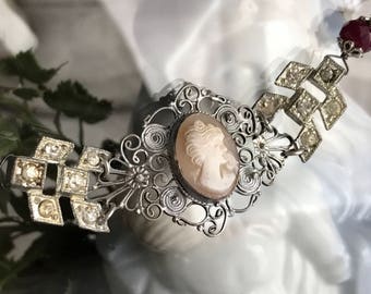 tending to her garden - bracelet vintage cameo assemblage art deco rhinestone ruby gemstone romantic victorian flower, the french circus