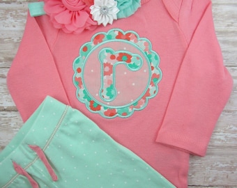 baby girl coming home outfit, baby girl, clothes, outfit, newborn, hospital outfit, coral, mint, pants, baby girl bodysuit, headband, set