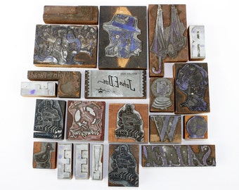 Lot of 21 Vintage Letterpress Blocks: Retro Images, Letter, and Labels