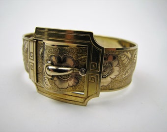 Victorian Gold Fill Belt Buckle Bracelet. Wide Antique Wedding Bracelet. Engraved Flowers Foliage. Signed Marsh. Antique Victorian Jewelry