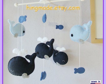 Baby Mobile, Baby Crib Mobile, Baby Boy Mobile, Baby Nursery Decor, Whale Mobile, Navy Blue Gray, Match Bedding Mobile