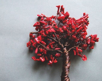 Tree of Life Sculpture, Wire Tree Decor, Copper Wire Tree Sculpture with Red Coral, Autumn Coral Wire Tree of Life Decor
