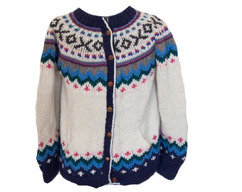 Vintage Handmade Fair Isle Cardigan Sweater Ecuadorian Handspun Wool Size Large