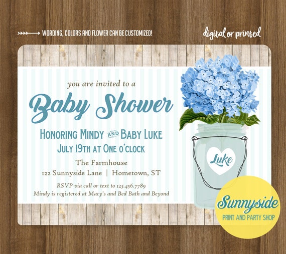 Baby Boy Shower Invitation | Country rustic invite with blue hydrangeas in mason jar | you choose flower | printable or printed Il_570xn