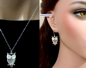 Owl Jewelry Set, Owl Earrings, Owl Necklace, Sterling Silver Bird Earrings, Bird Necklace, Woodland Animal Necklace, Minimalist Jewelry HOOT