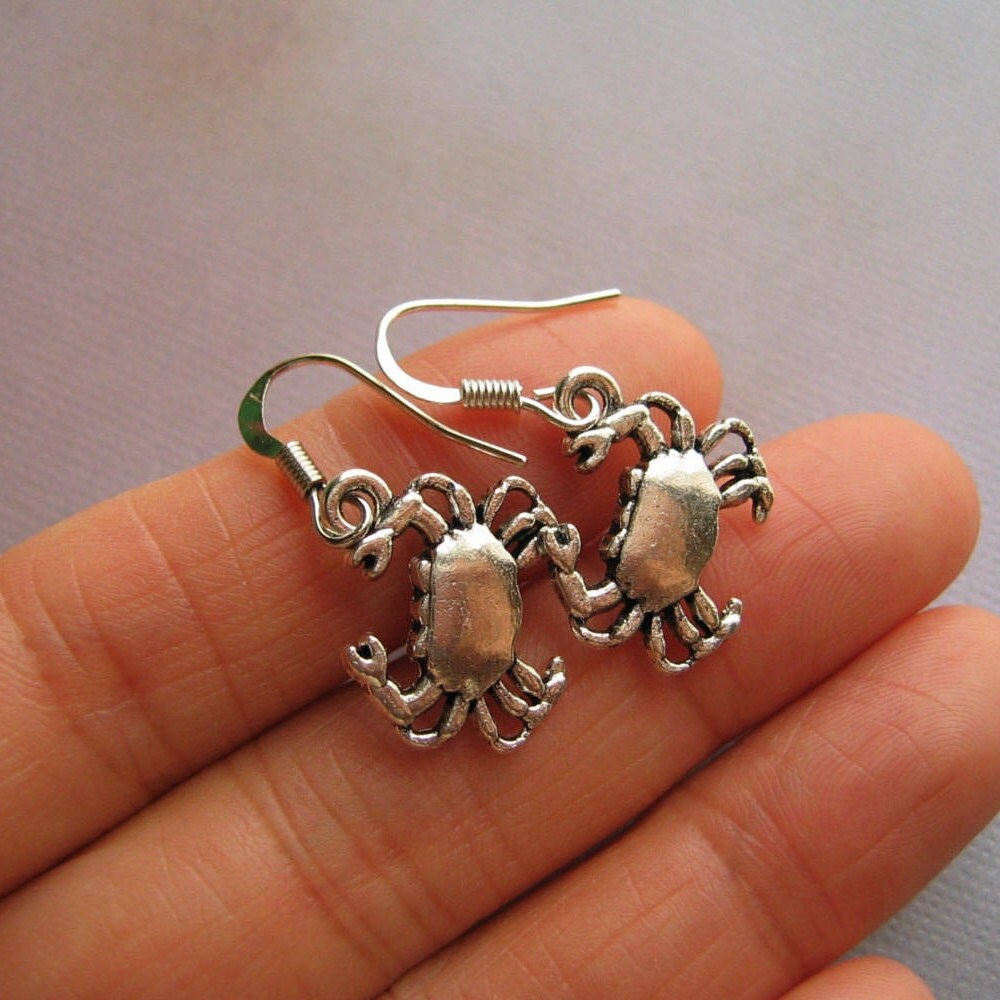 Crab Earrings Antiqued Silver Crab Charm Silver Plated