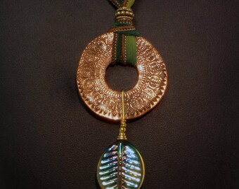 FRISKEY handmade Lampwork Glass Beads & Jewelry, Copper Disc and Leaf pendant necklace