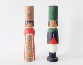 2 Vintage Scandinavian Folk Wooden Candle Holders Hand Painted