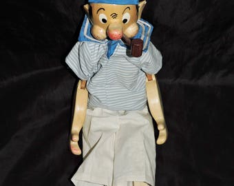 Vintage German Popeye The Sailor Doll Wood Jointed Pipe Painted Face Anchor Suit