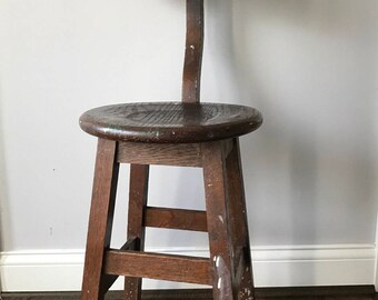 Vintage Industrial Wood Drafting Stool with Back