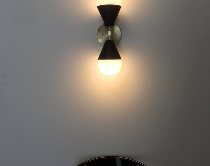 Matte Black & Brass light -glass shades wall sconce with duel cones - Cordelia