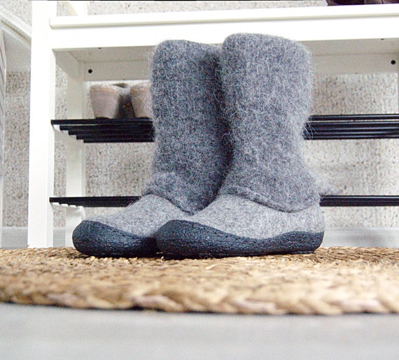 Felt boots natural gray black felted winter wool by WoolenClogs