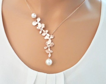 Pearl Necklace ,Rose Gold Necklace, Orchid Necklace, Flower Necklace, Wedding, Bridesmaid gifts
