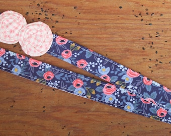 Navy Floral Lanyard - Rifle Paper Co with Pink Gingham Flowers