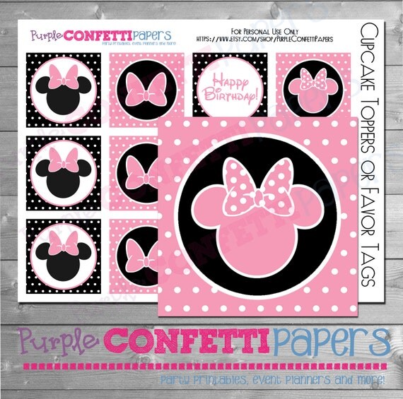 Minnie Mouse Cupcake Toppers, Minnie Cupcake Topper, Minnie Birthday, Minnie Party, Minnie Favor Tags, Polka Dot, Pink, Black, Printable Il_570xn