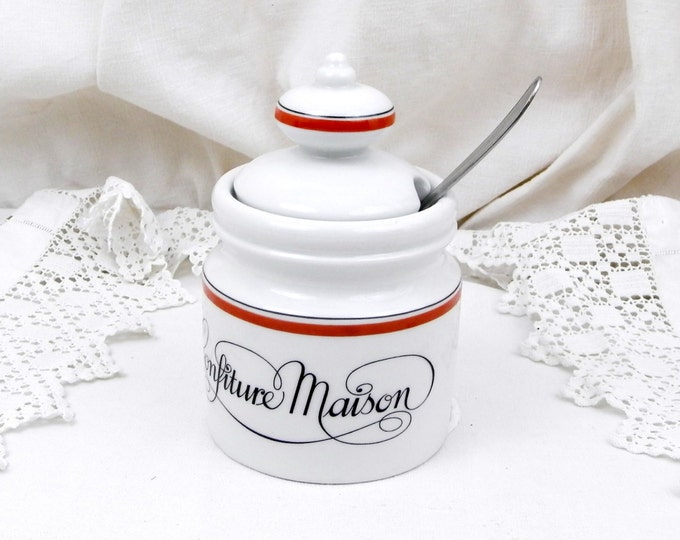 Vintage French White Lidded Bone China Jam Pot / Jar with "Confiture Maison" Homemade Jam Printed on the Front, French Decor, Country, Retro