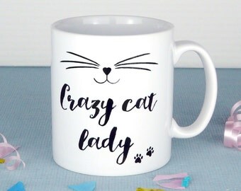 Crazy Cat Lady Mug, New Design with Paw Prints, Kitten Mug, Cat Face, Coffee Cup, UK