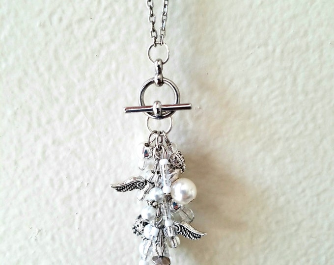 Interchangeable White Clear Silver Beaded Angel Wing Toggle Necklace