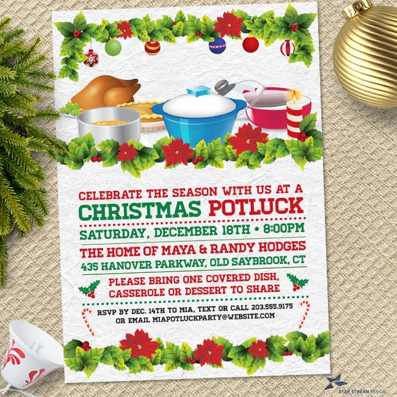 Retro Christmas Holiday Potluck Dinner Party Invitation Printable Evite Or Printed US Only