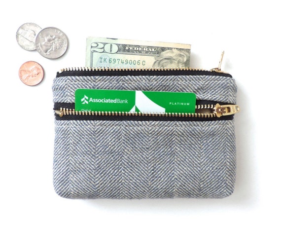 Herringbone Wallet Coin Purse Double Zipper Pouch Blue