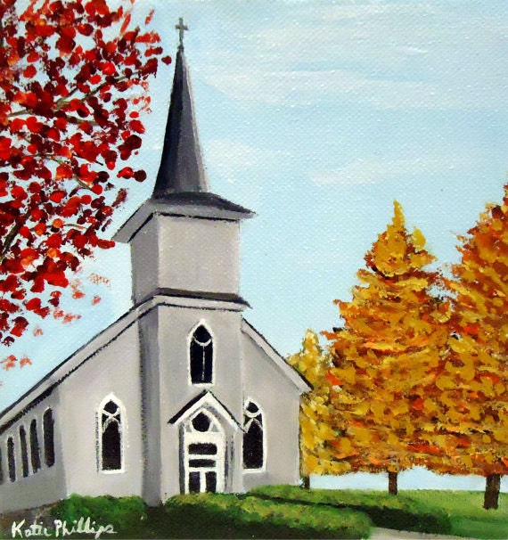 Items similar to White church, original Acrylic Painting, white chapel