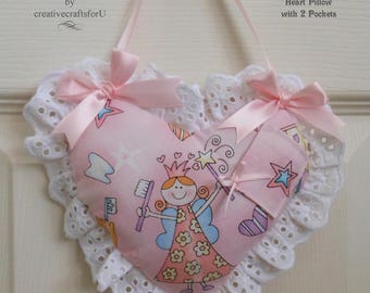 Tooth Fairy Pillow, Heart Pillow, Hanging Pillow, 2 Pockets, Cute Tooth Fairy Fabric, Pink, Eyelet Embroidery, Handmade, Girls Gift