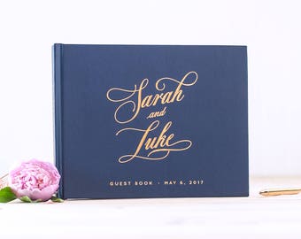 Wedding Guest Book Rose Gold Foil Navy wedding guestbook landscape horizontal wedding album photo guest book personalized planner sign in