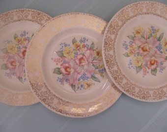 1934-1986 Royal China Inc. 3 Dinner Plates Orchids Dalton Pattern Warranted 22 KT Pink Orchids Yellow Flowers Forget-Me-Nots Dinner Table